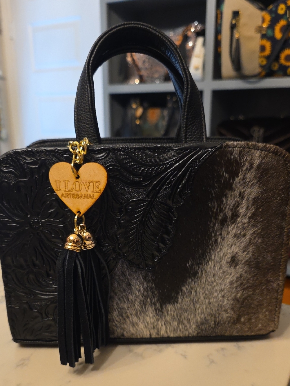 I LOVE Artesanal Black Leather & Haircalf Top-Handle Bag